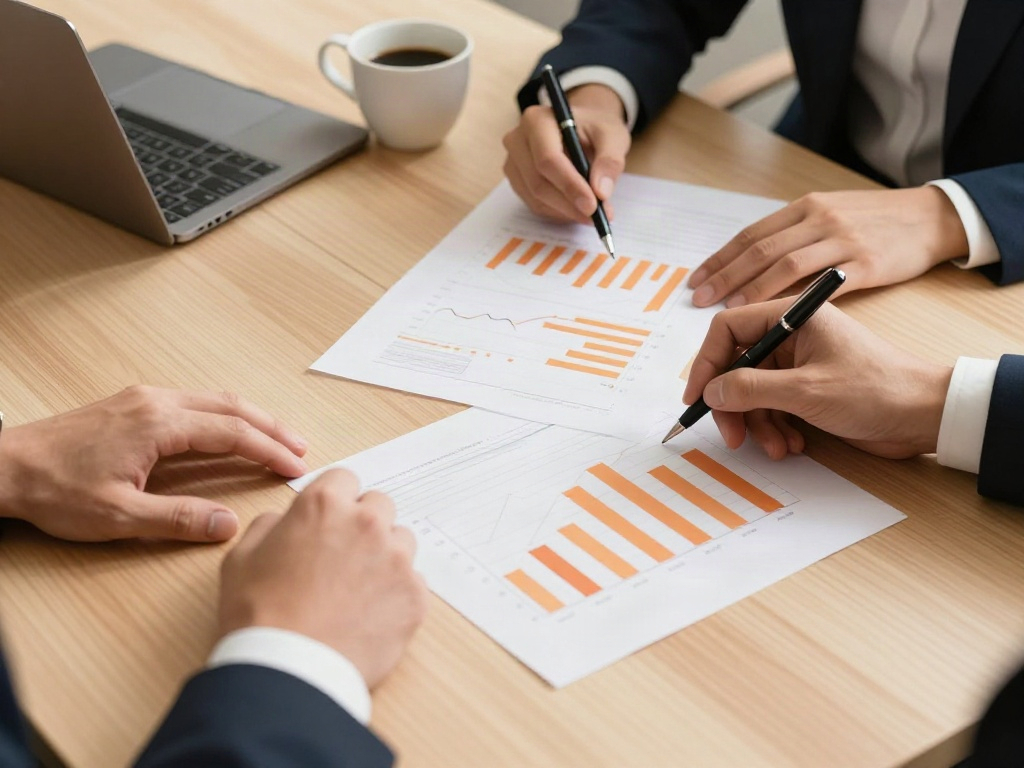 A focused business review with performance charts, a laptop and strategy documents on a walnut table