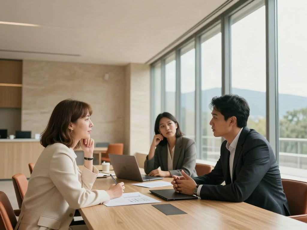 Consultants discussing business strategy around a walnut conference table in a sunlit boardroom